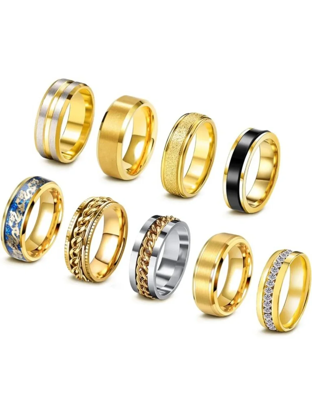 9Pcs Stainless Steel Fidget Spinner Rings Set for Men & Women - Anxiety Relief